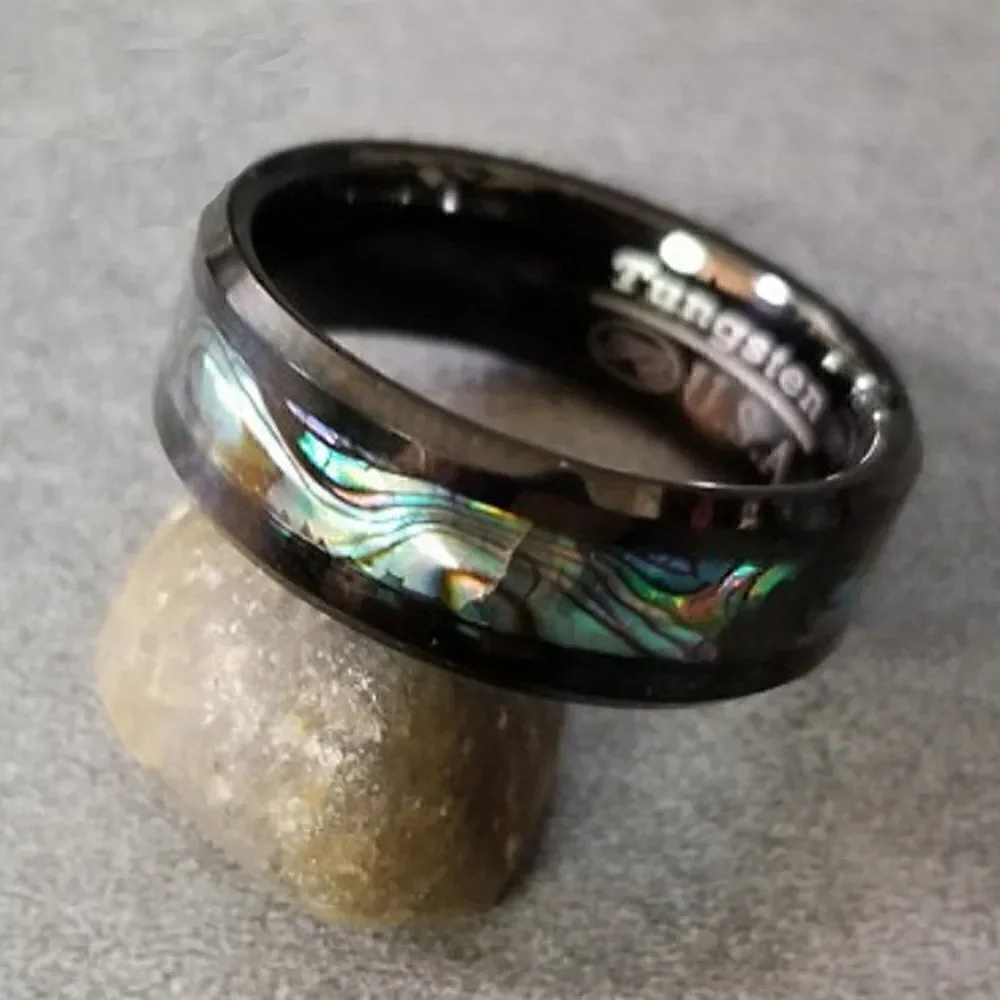 Men's Real Black Tungsten Wedding Ring With Abalone Shell Inlay